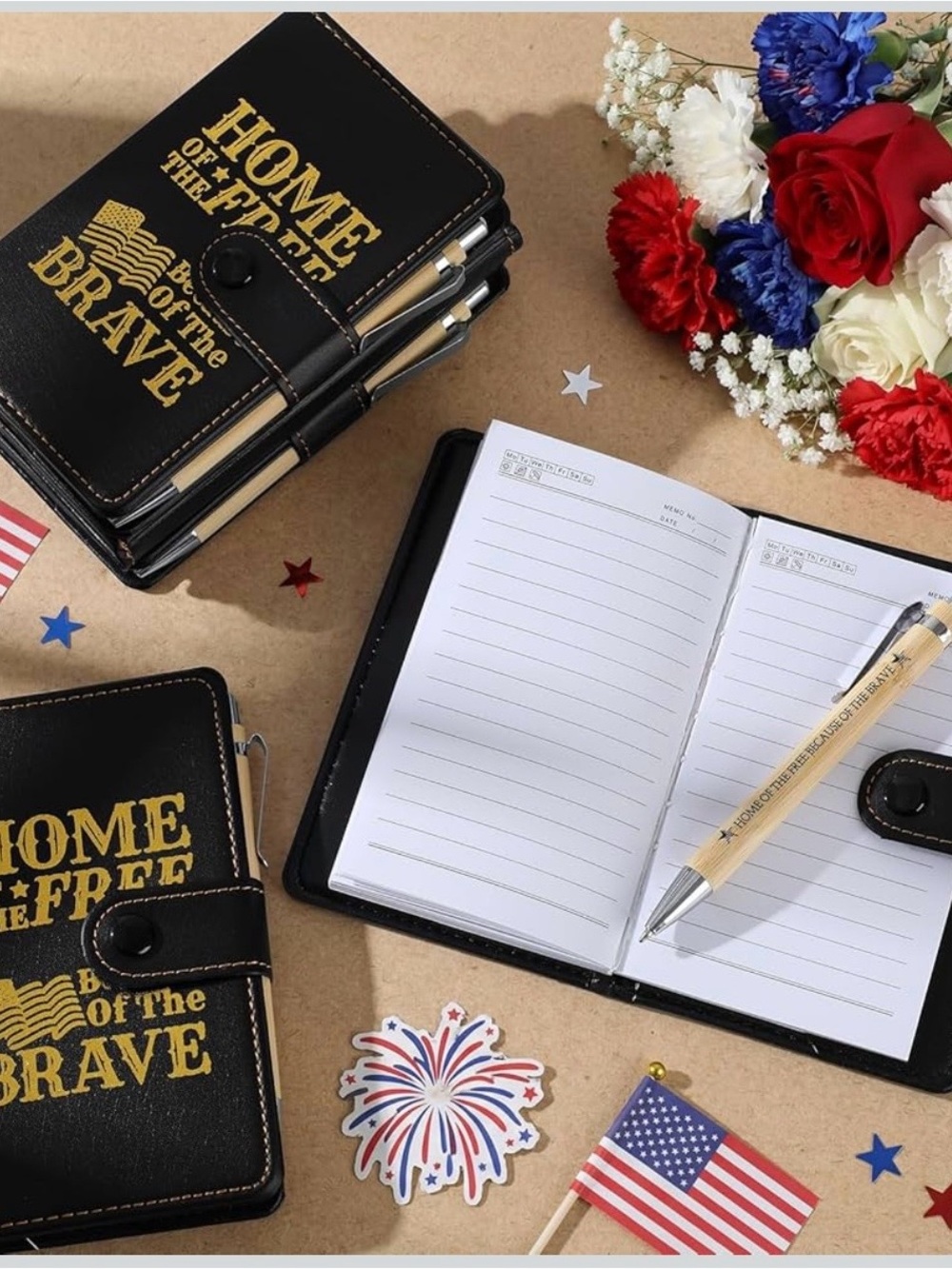 Black 'Home of the Brave' Leatherette Notebook with Pen